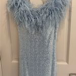 Jovani  light Blue Sequin Gown with Feather Trim Photo 1