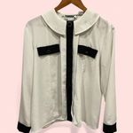 Vintage 80’s funky collar white silky blouse black trim art deco chunky jewel Size 12 Photo 1