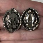 Chunky Oval Gemstone & Shell Mosaic Collage Style Clip On Earrings Silver Tone Photo 1