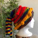 Unique funky retro colorful Unisex crochet pom pom beanie hat fun, boho hobo indie streetwear festival vibe Photo 0