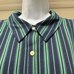 Susan Graver Navy Green Stripe Button Front Blouse LP Collared Stretch Top Photo 1