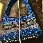 Crochet Shoulder Bag. Crossbody Knitted Woven Hobo Style w/ Blue & Tan Soft Yarn Photo 6