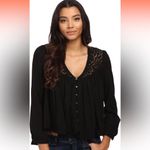 Free People  Boho Black Flowy Cutout Lace Detail Beaded Button Front Top sz XS/S Photo 4