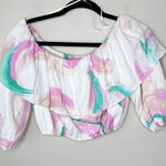 Gianni Bini  Brushstroke Off-Shoulder Ruffle Crop Top Puffy Sleeves‎ Size Medium Photo 0
