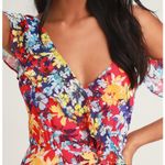 Lulus NWOT Radiant Ruby Red Floral Print Chiffon Asymmetrical Maxi Dress Small Photo 3