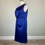 Alex Evenings  Satin One Shoulder Midi Sheath Cocktail Party Dress Blue Size 14 Photo 3
