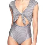 Athleta  Aqualuxe Lotus Tie Front One Piece Swimsuit Striped Black White M Tall Photo 0