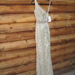 Mac Duggal 5687 SEQUINED ONE SHOULDER DRAPED LACE UP GOWN NWT Nude Silver 4 Photo 6