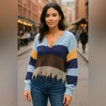 Polly & Esther  Women's Fringe Striped Sweater Drop Shoulder Raw Edge Size Small Photo 1