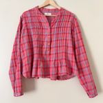 Natural Life  Montana Pink Plaid Metallic Gold Thread Button Top Pintuck Small Photo 4