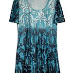 Reborn Dress Womens 1X Blue Damask Print Short Sleeve Pullover Summer Party Photo 0