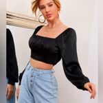 SheIn Satin Square Neck Lantern Sleeve Shirred Back Crop Top, Black,Size XS, EUC Photo 2