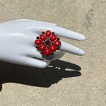 Vintage Natural Italian Red Flower Ring Silver Tone Ring Sz 8” Southwest Style Photo 0
