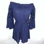 Blush HINT OF  Navy Blue Floral Crochet Off The Shoulder Romper Small NWT Photo 1