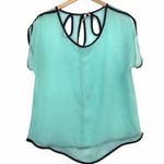 LUMI Solid Aqua Blue ish Green Black Short Sleeve Cutout Semi Sheer Blouse Top M Size M Photo 0