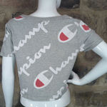 Champion T Shirt Woman's Small Heritage Athletic Gray Cropped All Over Script Photo 4