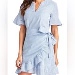 Vineyard Vines  Seersucker Wrap blue white stripe ruffle cotton mini Dress 2 Photo 9