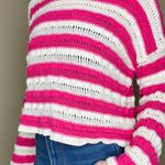 89th and Madison Pink & White Striped Cropped Flare Sleeve Crochet Sweater Photo 4