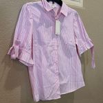 NWT Tamara H. Pink Striped Tie Short Sleeve Shirt Size M Photo 1