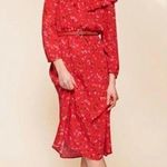 Tara Jarmon Red Midi Dress Women’s Long Sleeve Ruffled Button Front Floral 36 Orange Photo 0
