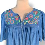 Vintage Go Softly Denim Floral Embroidered Housedress Short Sleeves Zipper Front Blue Photo 2