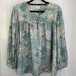 Wonderly 3/4 puff sleeve tie neckline green floral botanical loose top size XXL Photo 2