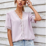 SheIn Womens  Muted Lilac Lace Contrast Puff Sleeve Blouse Top  - Sz S Photo 0