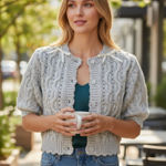 ASTR NWT  the Label Bow Cable Stitch Short Sleeve Cardigan Small, GREY Photo 0