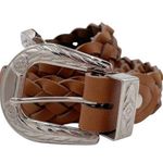 Vintage Western Belt Braided Genuine Leather Silver Buckle Flower Design 38" Tan Photo 0