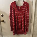 Free People  Waffle Knit High Low Oversized S Red/Beige Nautical Cherry Girl Boho Photo 4