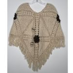 American Vintage Vintage 1970s Handmade Crochet Poncho with Mushroom Tassel Ties & Fringe S-M Photo 13