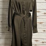 Zara olive green satin grommet detail belted Ring Trim maxi shirtdress Size Medium Photo 6