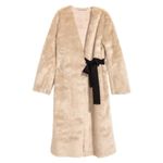 H&M  Cream Beige Faux Fur Suede Lined Coat Black Contrast Waist Tie Size Large Photo 2
