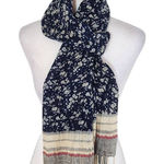 Navy, Red, and Cream Boho Floral Scarf with Fringe Blue Photo 0