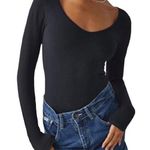 Free People Intimately by XYZ Rib Knit Bodysuit Long Sleeve V Neck Black XS/S Photo 0