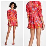 ZARA NWT Satin Romper Small Red Japanese Floral Ruffle Puff Sleeve Ruched Photo 1