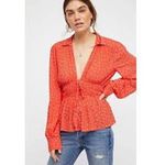Free People Colette Printed Buttondown Top Small Red Babydoll Longsleeve Floral Photo 1