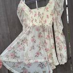 Square neck floral print sweet coquette sheer long sleeve top Pink Size L Photo 2