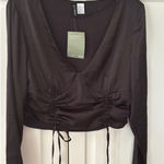 H&M Divided Blouse Top Long Sleeve V Neck Ruched Tie Front Brown Medium Photo 0