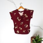 MINE Women's Floral Print V Neck Cap Sleeve Blouse Top Burgundy Medium Red Size 8 Photo 2