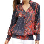 LASCANA Paisley Print Smocked Mock Neck Long Sleeve Blouse Women 12 Blue Photo 0