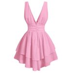 SheIn  Barbie Pink Mini Party Dress Deep V‎ Neckline Tiered Hem Size Large New Photo 2