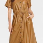 Who What Wear  Faux Leather Camel Button Down Midi Dress Women’s size Small Photo 0