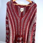 Billabong Women Medium Sweater Red Orange Stripe V Neck Hooded Pocket Photo 0