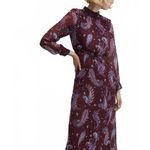 Mango Long Sleeve Flowy Paisley-Print Dress Midi Sandy Maroon NWT Size 2/XS Photo 2