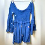 Free People  Counting Daisies Navy Floral Embroidered‎ Off Shoulder Dress Size S Photo 4