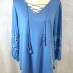 New Direction s blue long sleeve lace detail cross front peasant top size large Photo 0
