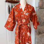 Vintage Handmade Floral Cotton Kimono Robe in Rust Orange Photo 0