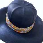 Vintage Filene’s Navy Blue Sun Straw Hat with Satin Paisley Ribbon Photo 1