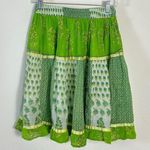 Vintage 90s Indian Cotton Bohemian Tiered Patchwork Skirt Medium Floral Metallic Green Photo 3